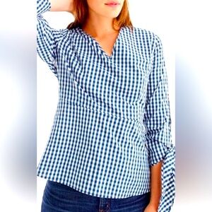 Universal Standard x J. Crew‎ Blue Gingham Tie Sleeve Peplum Top Womens Small